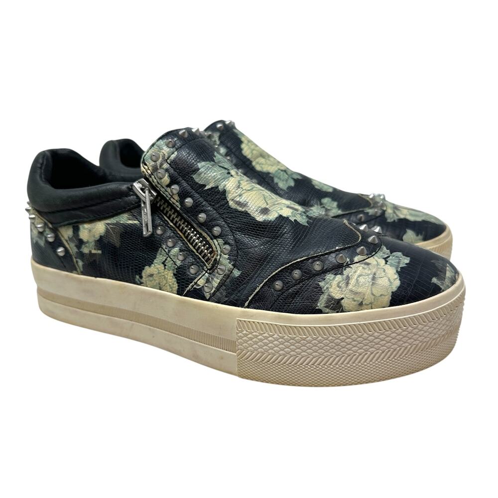 Ash Jasmin Platform Sneakers Leather Floral Studded Black Blue Size 38 US 7.5 8